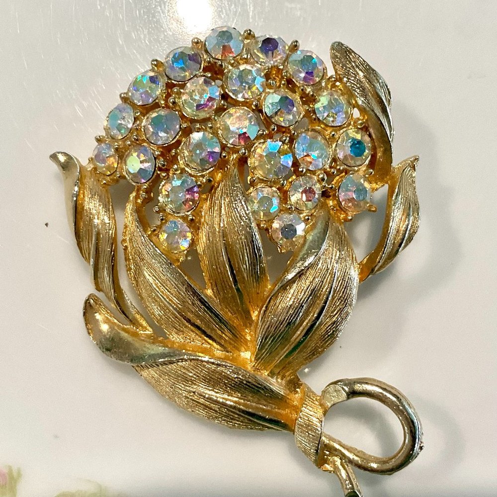 Vintage Gold Tone Floral AB Rhinestone Brooch